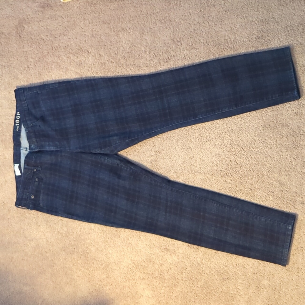 GAP 1969 Always Skinny Size 32R Plaid Dark Wash Stretch Denim Blue Jeans